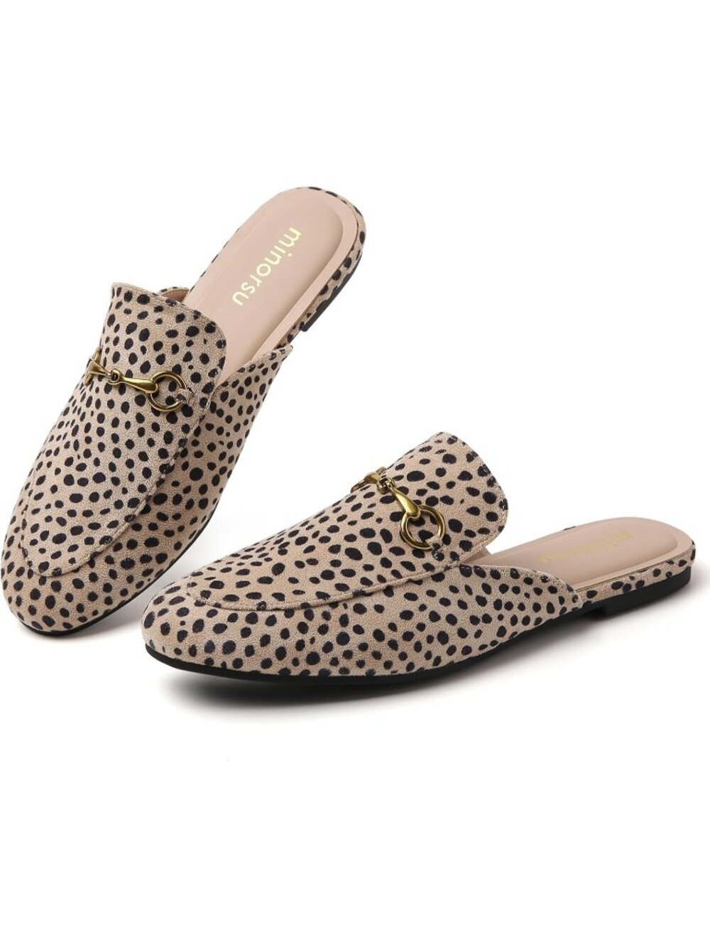 Women's Leopard Slip on Round Toe Backless Slides Casual Buckle Flat Loafer Shoe